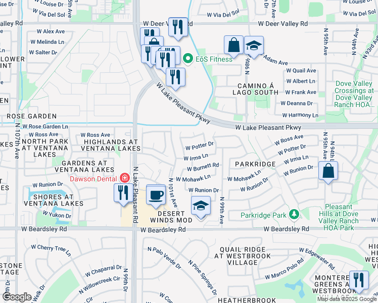 map of restaurants, bars, coffee shops, grocery stores, and more near 10019 West Irma Lane in Peoria