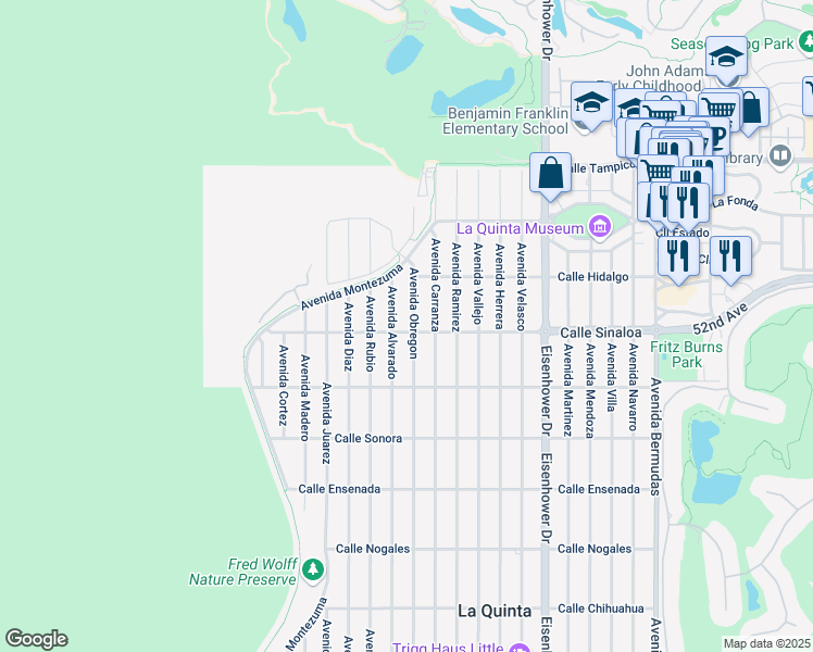 map of restaurants, bars, coffee shops, grocery stores, and more near 51735 Avenue Obregon in La Quinta