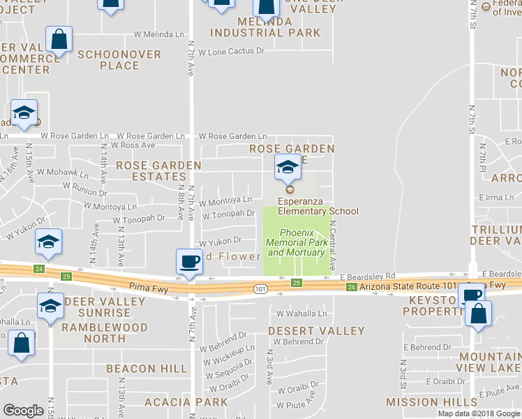 map of restaurants, bars, coffee shops, grocery stores, and more near 20401 North 3rd Drive in Phoenix