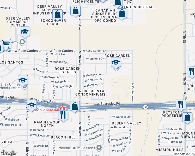 map of restaurants, bars, coffee shops, grocery stores, and more near 502 West Hononegh Drive in Phoenix