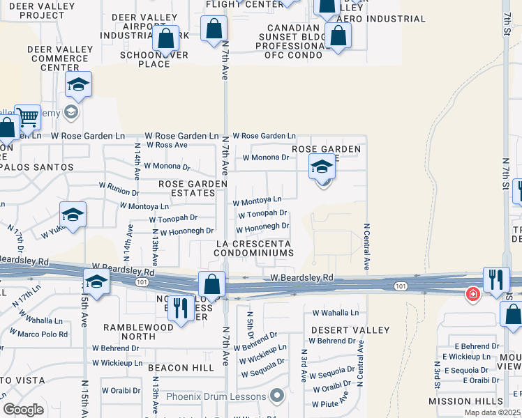 map of restaurants, bars, coffee shops, grocery stores, and more near 502 West Hononegh Drive in Phoenix