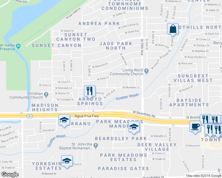 map of restaurants, bars, coffee shops, grocery stores, and more near 20459 North 37th Avenue in Glendale