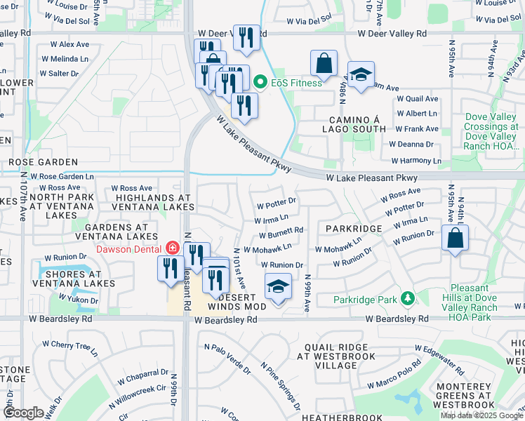 map of restaurants, bars, coffee shops, grocery stores, and more near 10019 West Irma Lane in Peoria