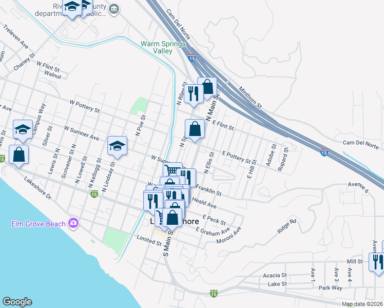 map of restaurants, bars, coffee shops, grocery stores, and more near 308 North Main Street in Lake Elsinore