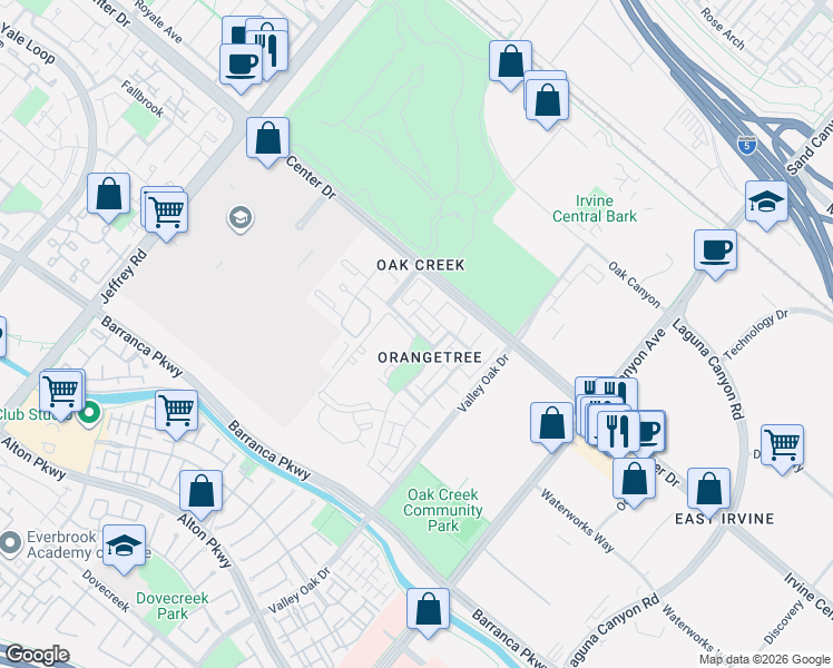 map of restaurants, bars, coffee shops, grocery stores, and more near 85 Orange Blossom in Irvine