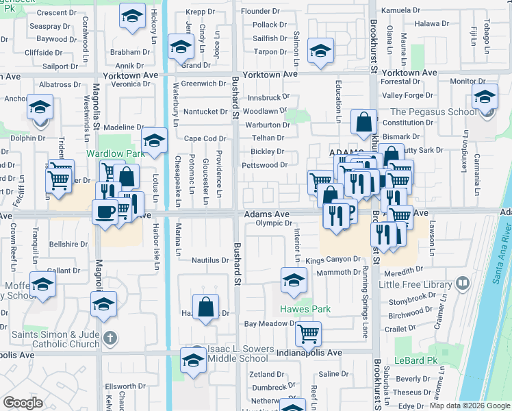 map of restaurants, bars, coffee shops, grocery stores, and more near 9551 Olympic Drive in Huntington Beach