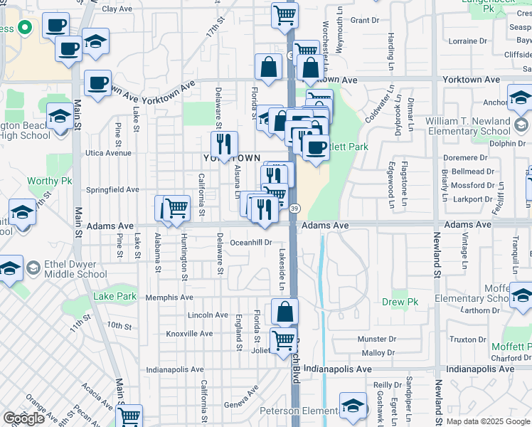 map of restaurants, bars, coffee shops, grocery stores, and more near 714 Adams Avenue in Huntington Beach