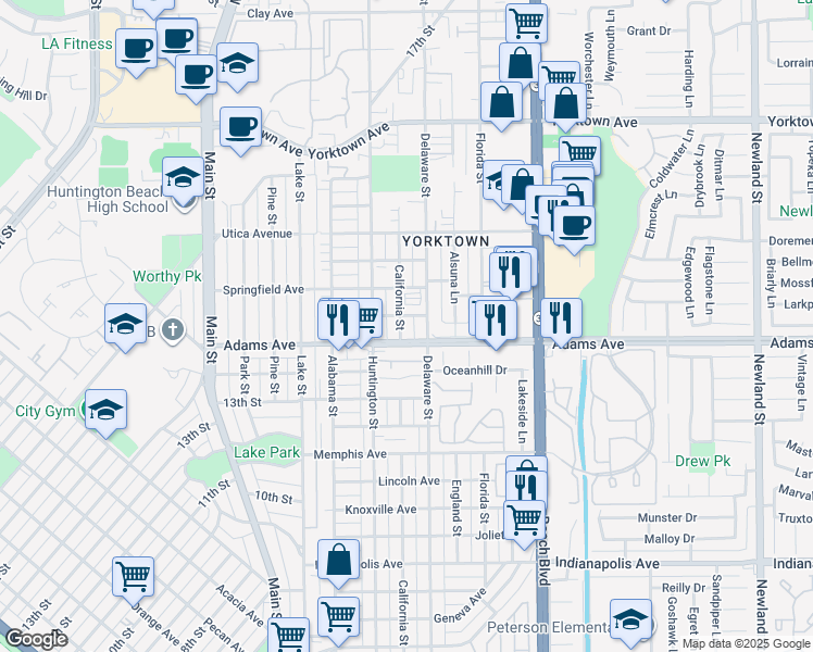 map of restaurants, bars, coffee shops, grocery stores, and more near 315 Coral Reef Drive in Huntington Beach