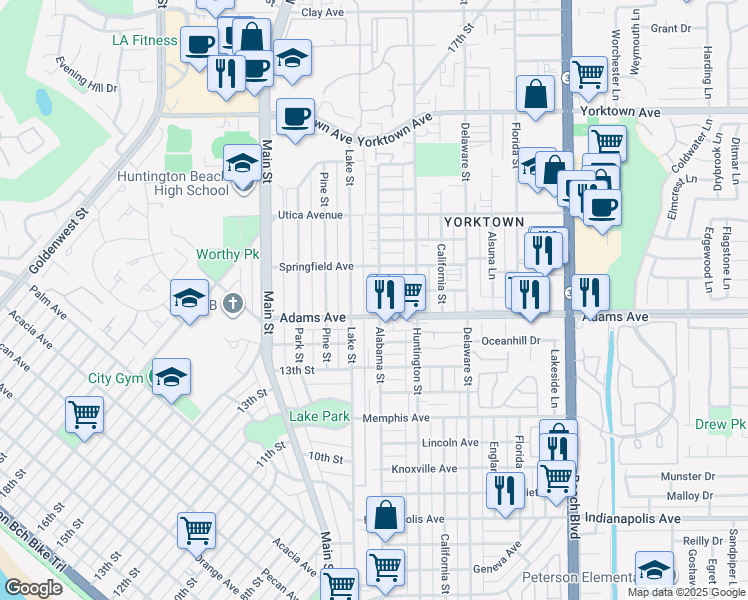 map of restaurants, bars, coffee shops, grocery stores, and more near 1222 Lake Street in Huntington Beach