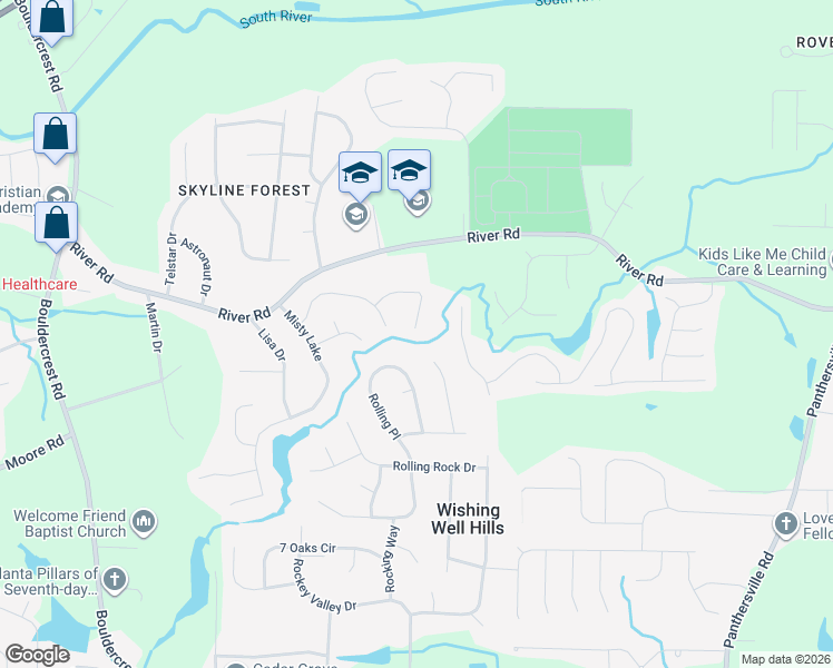 map of restaurants, bars, coffee shops, grocery stores, and more near 3611 Talonega Trail in Ellenwood