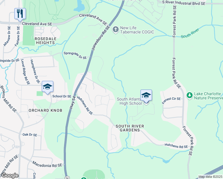 map of restaurants, bars, coffee shops, grocery stores, and more near 799 River Gardens Drive in Atlanta
