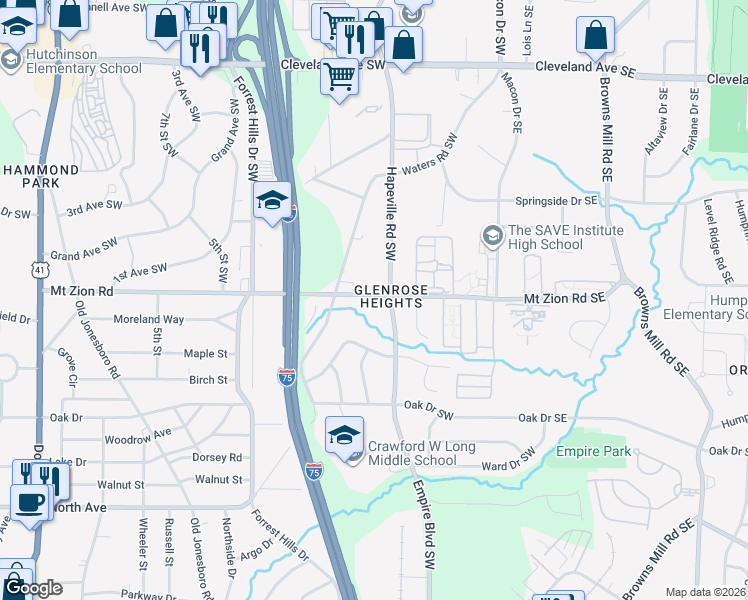 map of restaurants, bars, coffee shops, grocery stores, and more near 181 Glenrose Circle Southwest in Atlanta