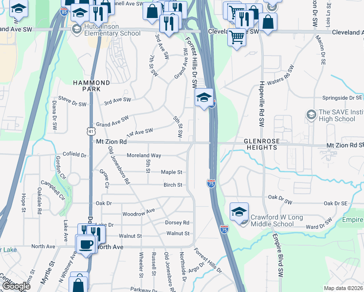 map of restaurants, bars, coffee shops, grocery stores, and more near 214 Moreland Way in Atlanta