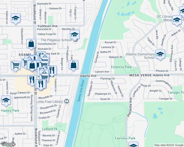 map of restaurants, bars, coffee shops, grocery stores, and more near 2055 Calvert Avenue in Costa Mesa