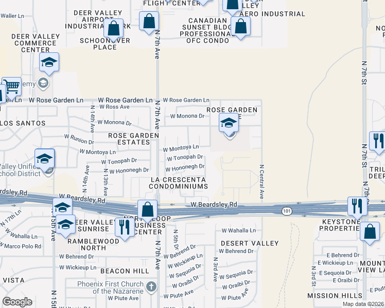 map of restaurants, bars, coffee shops, grocery stores, and more near 502 West Hononegh Drive in Phoenix