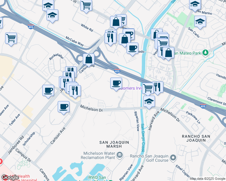 map of restaurants, bars, coffee shops, grocery stores, and more near 3347 Michelson Drive in Irvine