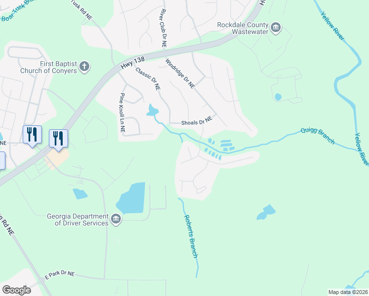 map of restaurants, bars, coffee shops, grocery stores, and more near 2280 Bear Mountain Drive Northeast in Conyers