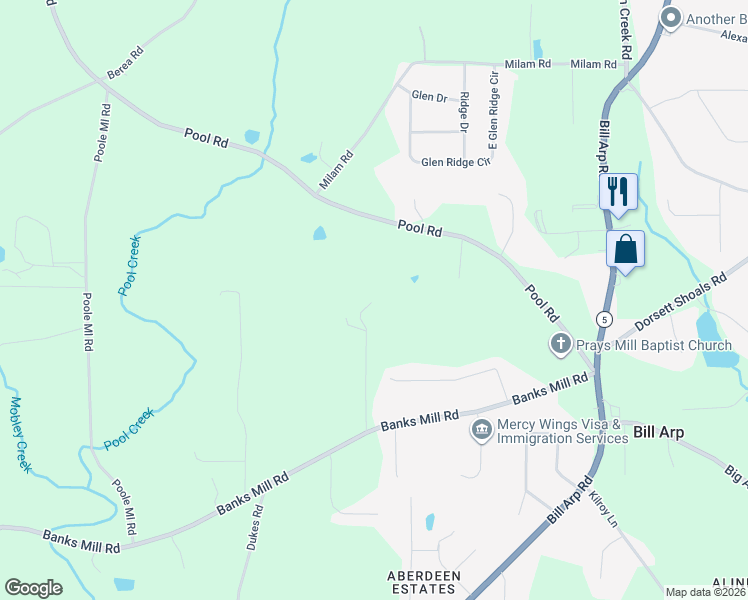 map of restaurants, bars, coffee shops, grocery stores, and more near 7350 Banks Mill Road in Douglasville