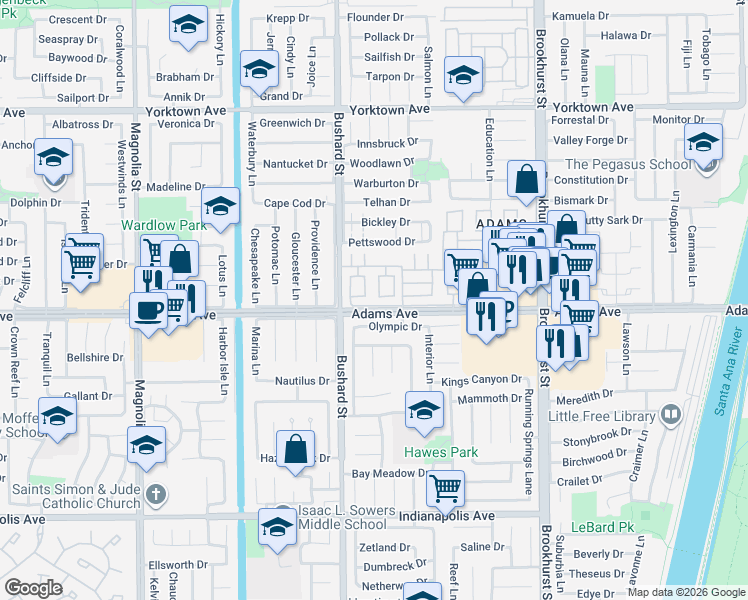 map of restaurants, bars, coffee shops, grocery stores, and more near 9551 Olympic Drive in Huntington Beach