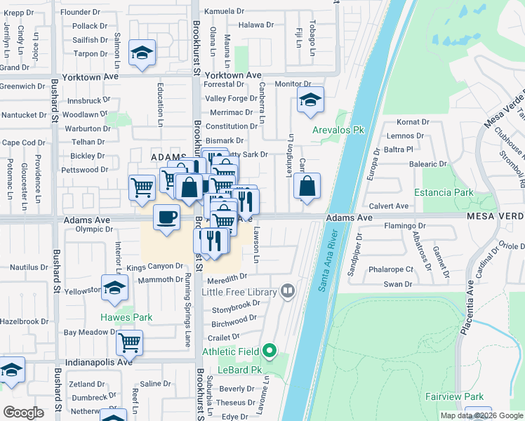 map of restaurants, bars, coffee shops, grocery stores, and more near 10220 Ascot Circle in Huntington Beach