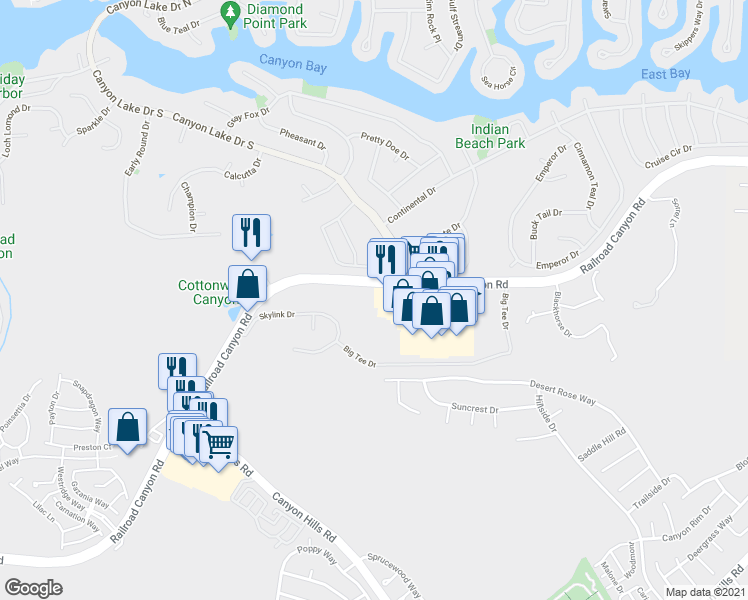 map of restaurants, bars, coffee shops, grocery stores, and more near 31850 Railroad Canyon Road in Canyon Lake