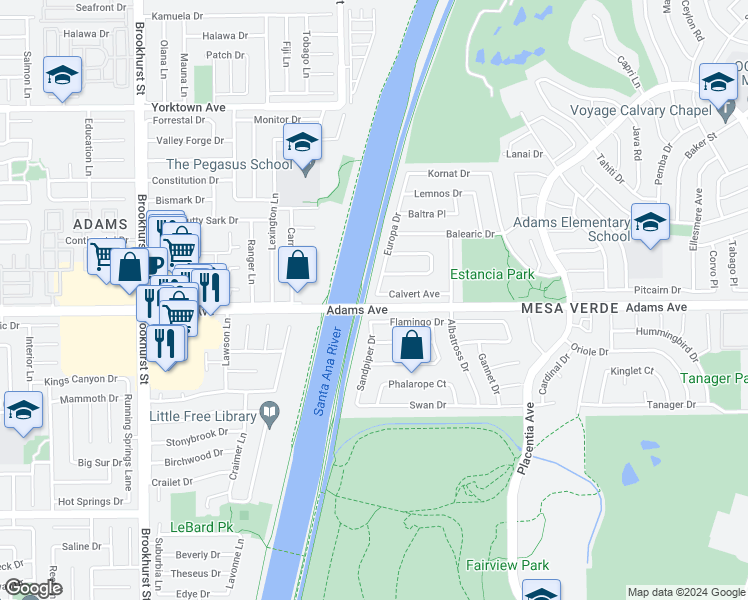 map of restaurants, bars, coffee shops, grocery stores, and more near 2055 Calvert Avenue in Costa Mesa