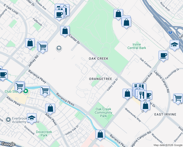 map of restaurants, bars, coffee shops, grocery stores, and more near 387 Orange Blossom in Irvine
