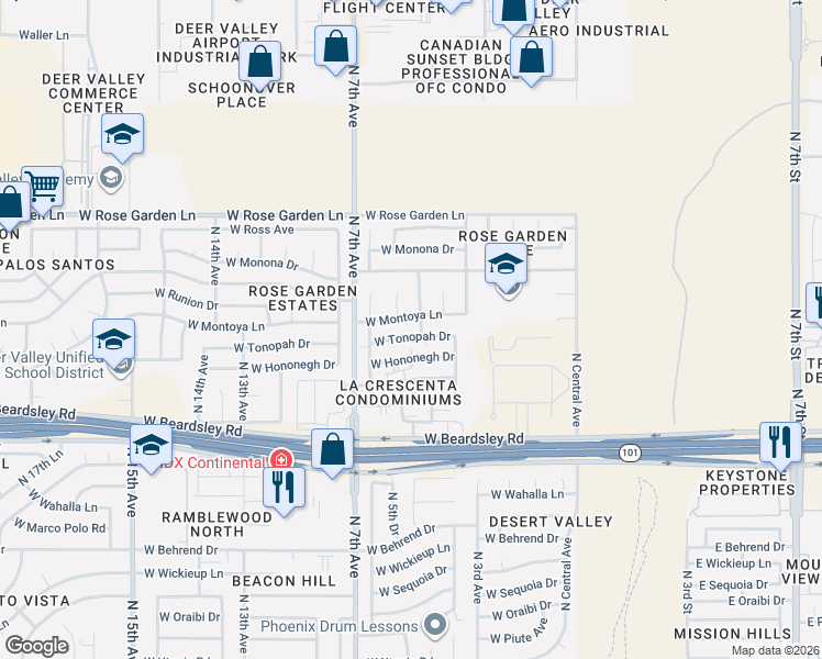 map of restaurants, bars, coffee shops, grocery stores, and more near 502 West Tonopah Drive in Phoenix