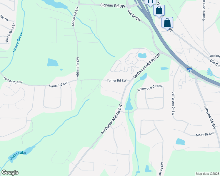 map of restaurants, bars, coffee shops, grocery stores, and more near 2448 Turner Road Southwest in Conyers