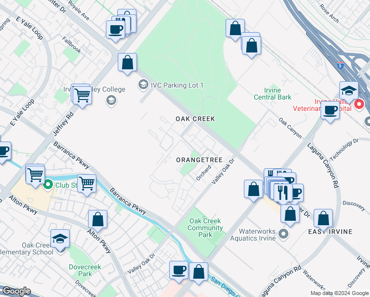 map of restaurants, bars, coffee shops, grocery stores, and more near 15310 Barranca Parkway in Irvine