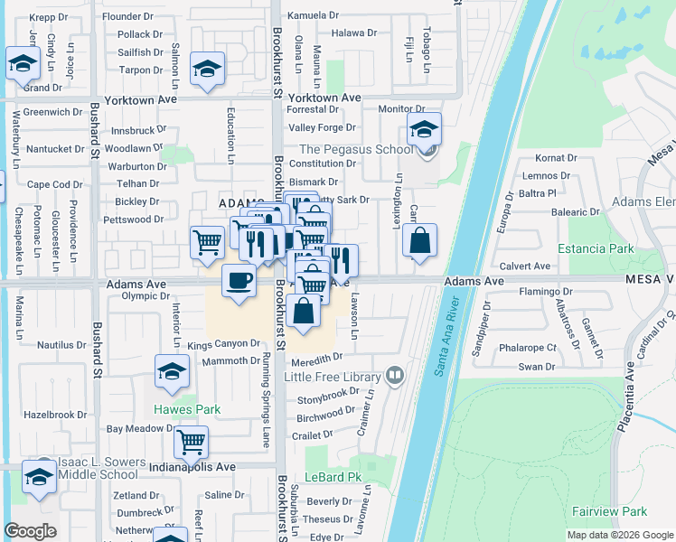 map of restaurants, bars, coffee shops, grocery stores, and more near 10172 Ascot Circle in Huntington Beach