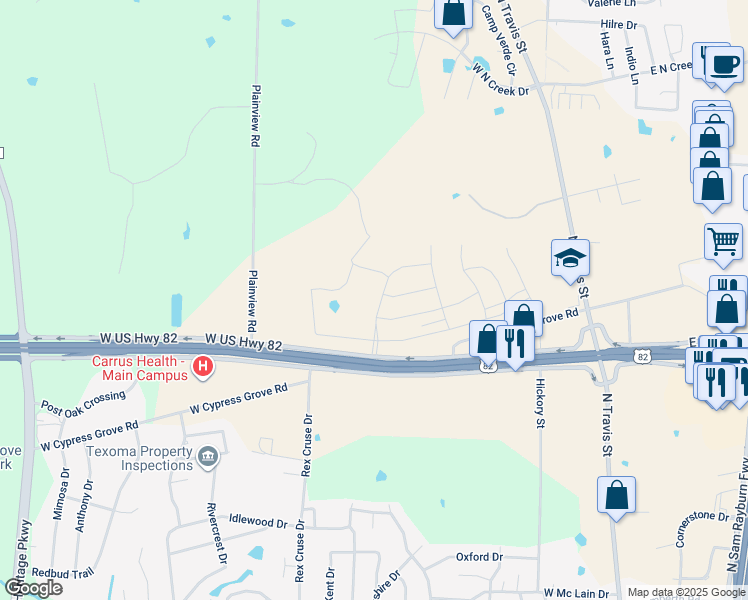 map of restaurants, bars, coffee shops, grocery stores, and more near 225 Plainview Road in Sherman