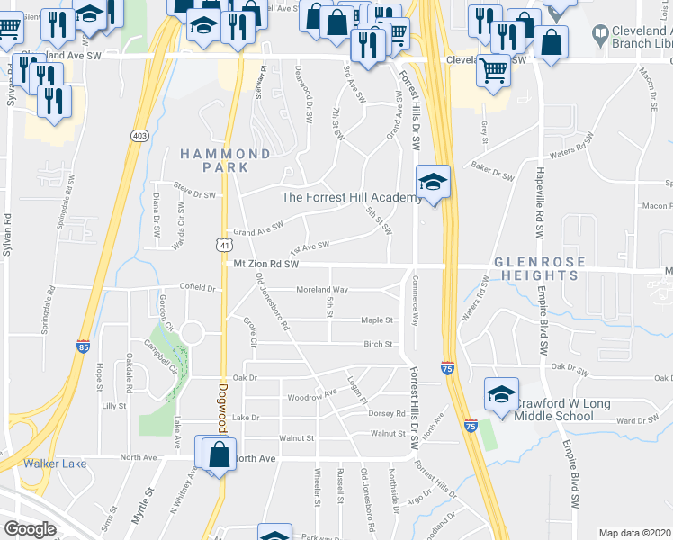 map of restaurants, bars, coffee shops, grocery stores, and more near 278 Mount Zion Road Southwest in Atlanta