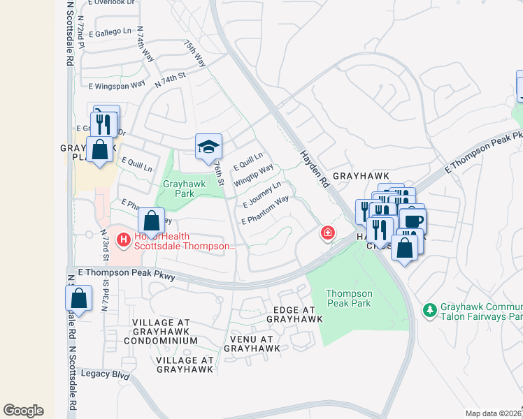 map of restaurants, bars, coffee shops, grocery stores, and more near 7757 East Journey Lane in Scottsdale