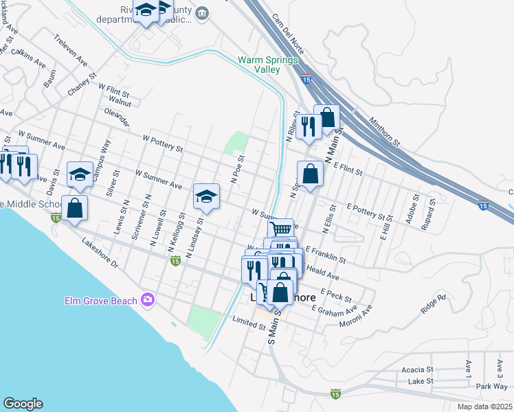 map of restaurants, bars, coffee shops, grocery stores, and more near 305 West Sumner Avenue in Lake Elsinore