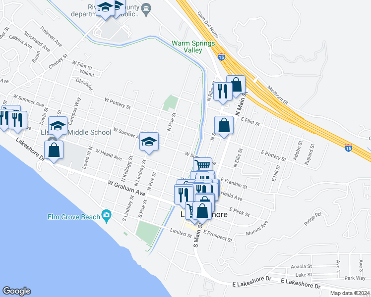 map of restaurants, bars, coffee shops, grocery stores, and more near 305 West Sumner Avenue in Lake Elsinore