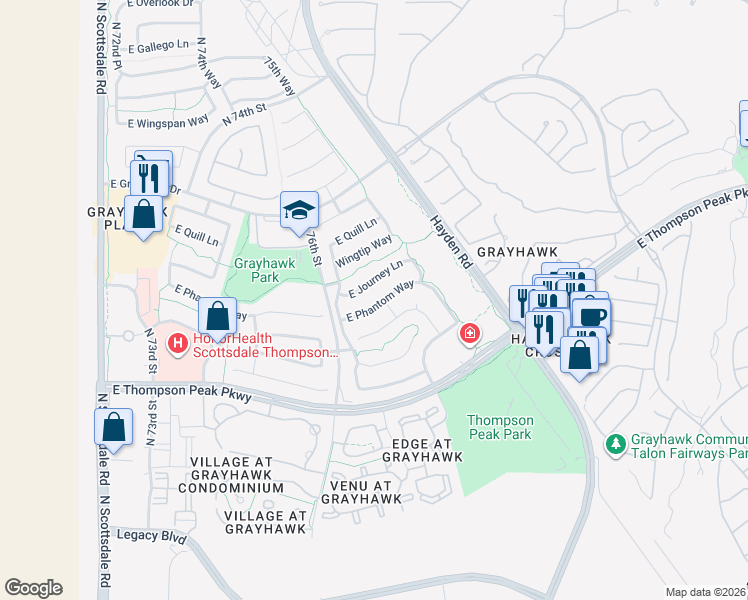 map of restaurants, bars, coffee shops, grocery stores, and more near 7757 East Journey Lane in Scottsdale