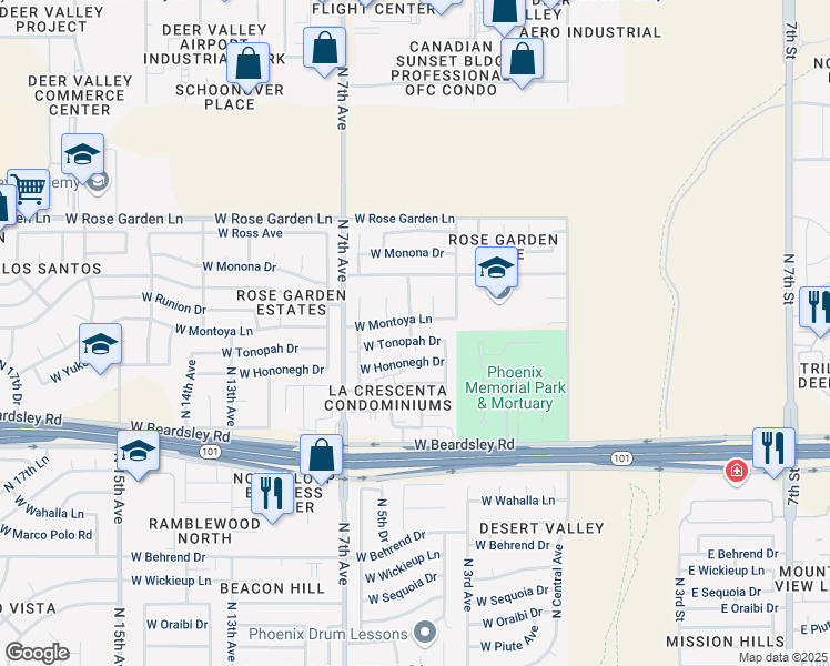 map of restaurants, bars, coffee shops, grocery stores, and more near 20601 North 5th Avenue in Phoenix