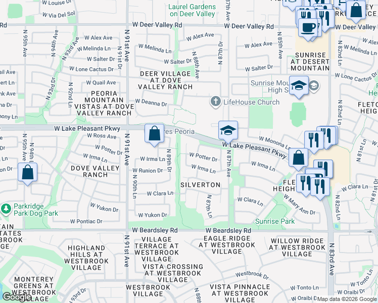 map of restaurants, bars, coffee shops, grocery stores, and more near 20896 North 88th Drive in Peoria