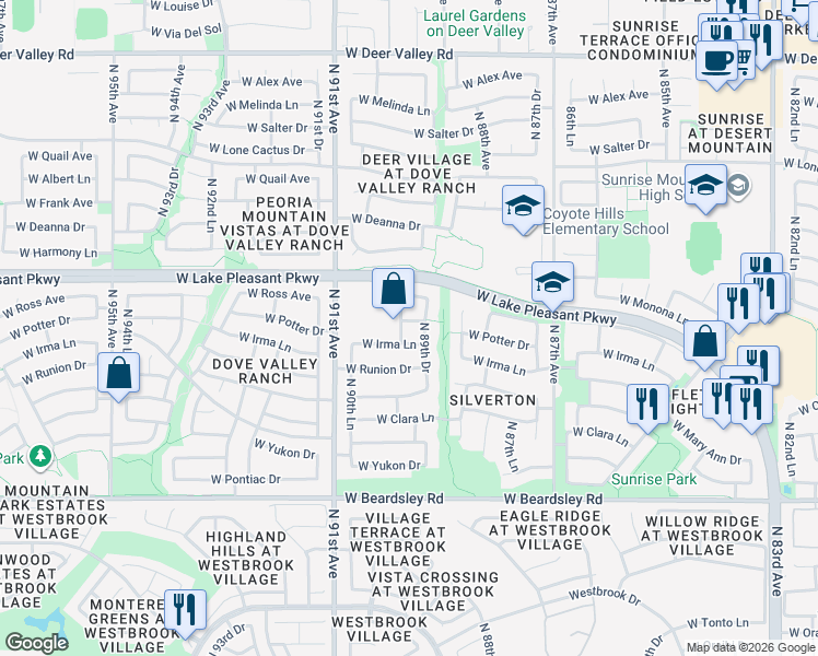 map of restaurants, bars, coffee shops, grocery stores, and more near 20888 North 90th Avenue in Peoria