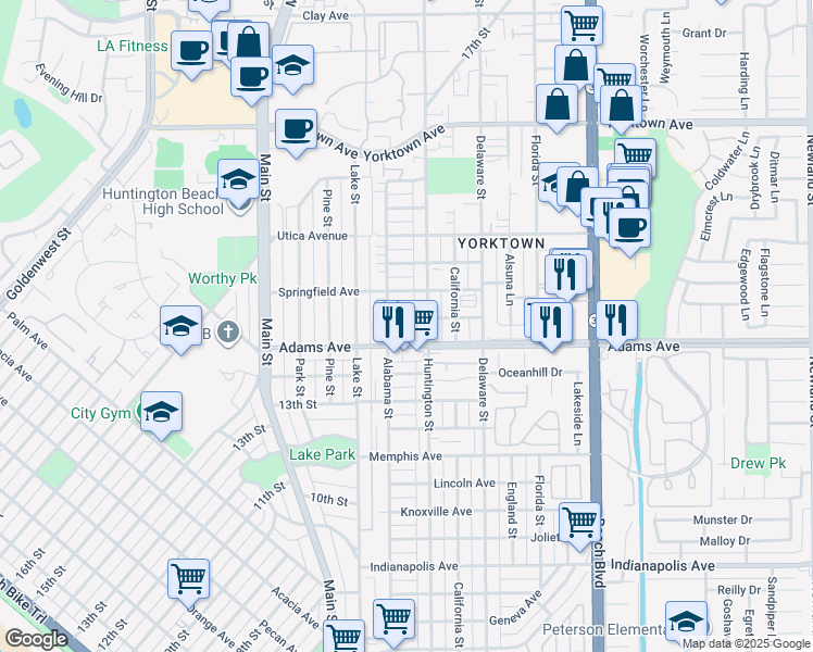 map of restaurants, bars, coffee shops, grocery stores, and more near 214 Springfield Avenue in Huntington Beach