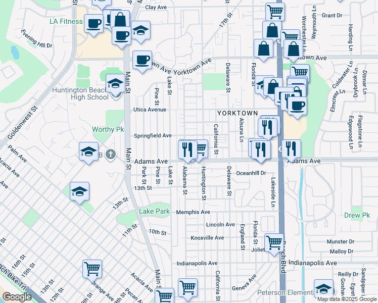 map of restaurants, bars, coffee shops, grocery stores, and more near 214 Springfield Avenue in Huntington Beach