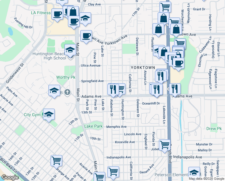map of restaurants, bars, coffee shops, grocery stores, and more near 214 Springfield Avenue in Huntington Beach