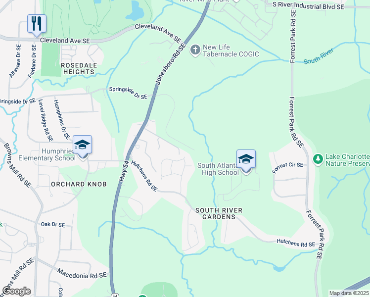 map of restaurants, bars, coffee shops, grocery stores, and more near 793 River Gardens Drive in Atlanta