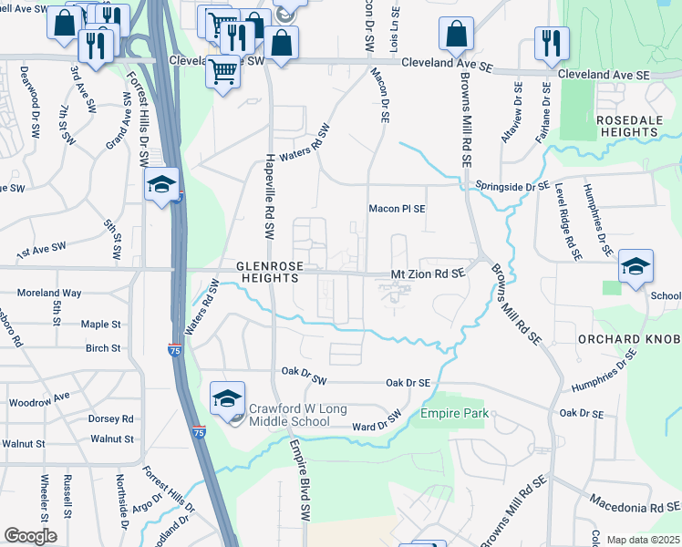map of restaurants, bars, coffee shops, grocery stores, and more near 15 Mount Zion Road Southwest in Atlanta