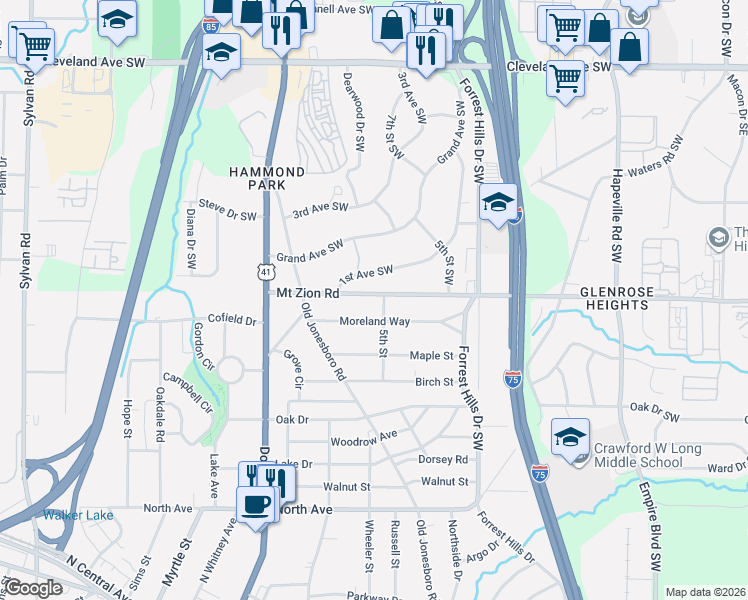 map of restaurants, bars, coffee shops, grocery stores, and more near 3026 1st Avenue Southwest in Atlanta