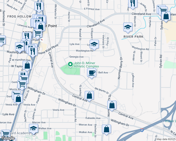 map of restaurants, bars, coffee shops, grocery stores, and more near in East Point