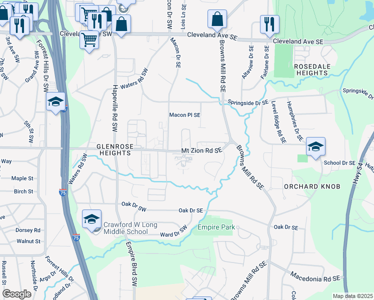 map of restaurants, bars, coffee shops, grocery stores, and more near 50 Mount Zion Road Southeast in Atlanta
