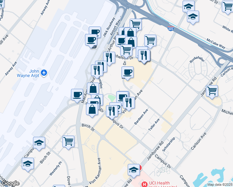 map of restaurants, bars, coffee shops, grocery stores, and more near 2243 Martin in Irvine