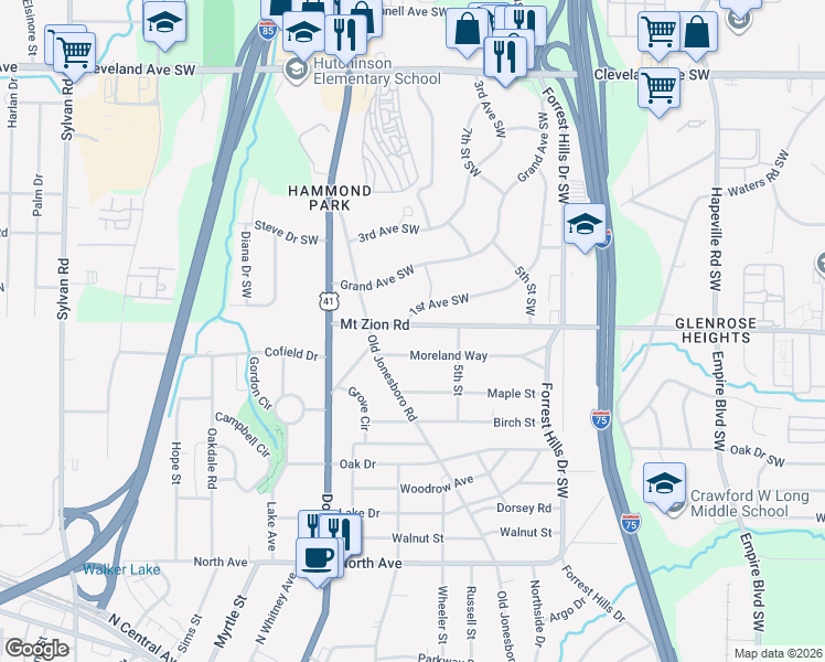 map of restaurants, bars, coffee shops, grocery stores, and more near 495 Mount Zion Road Southwest in Atlanta